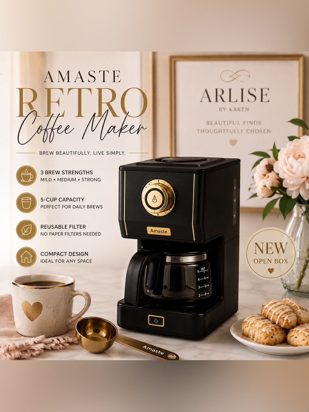 Amaste Retro 5-Cup Coffee Maker | Black & Gold | 3 Brew Strengths | New Open Box